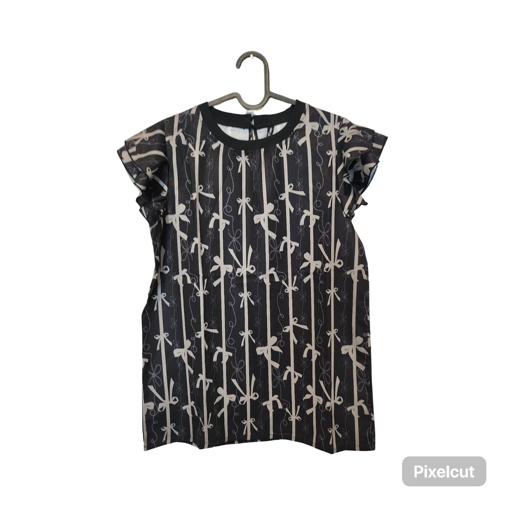 NWTs Black & Beige Bow-Print Flutter Sleeve Blouse